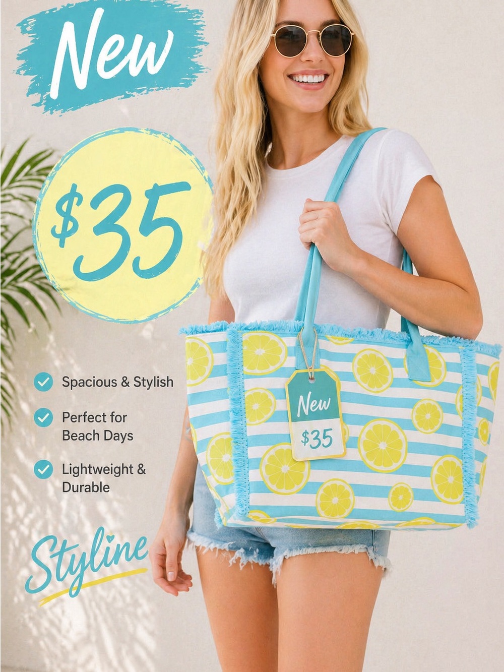 Striped Lemon Print Tote Bag in Aqua and Yellow